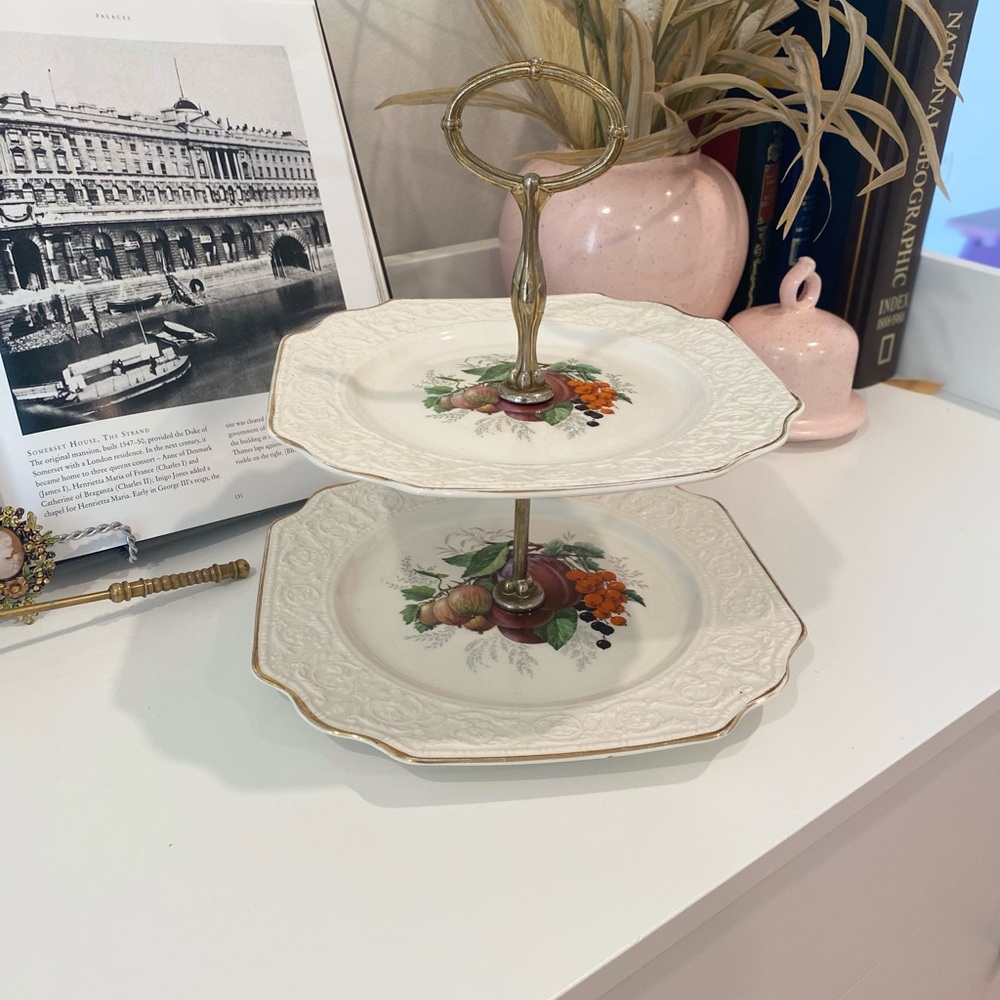 Vintage Floral Two-Tier Serving Stand with Gold Accents